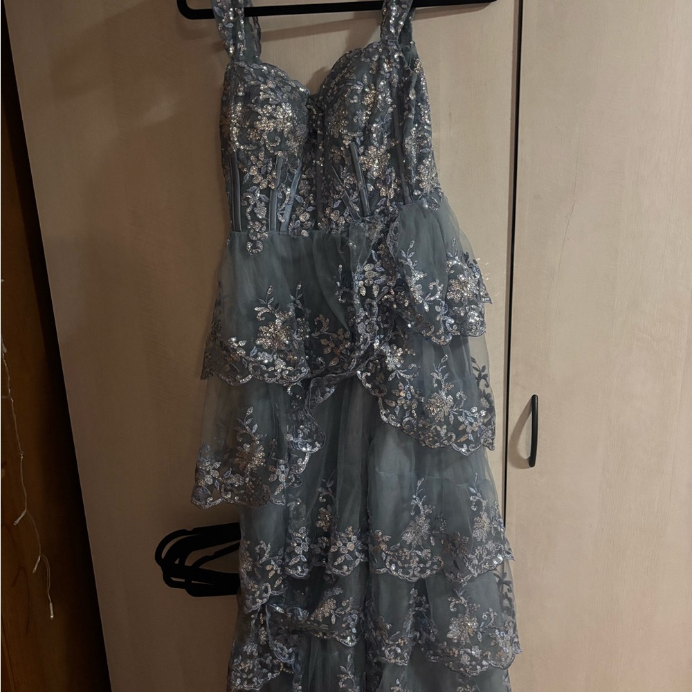 Elegant Blue Floral Tiered Dress